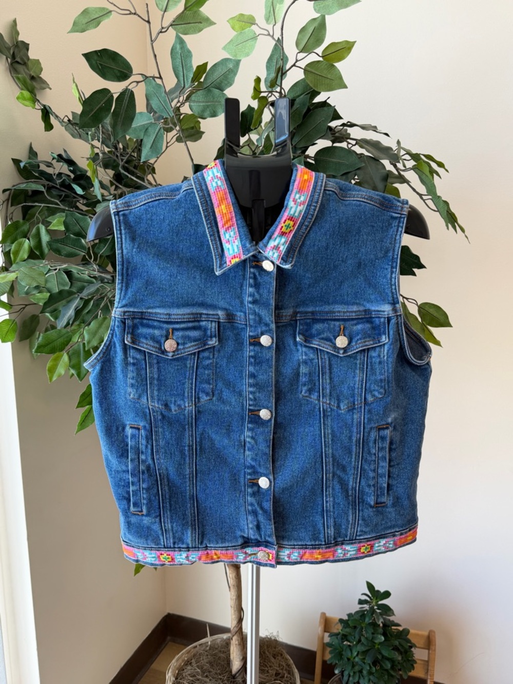 Denim&Co Blue Denim Vest with Multicolor Embroidered Trim